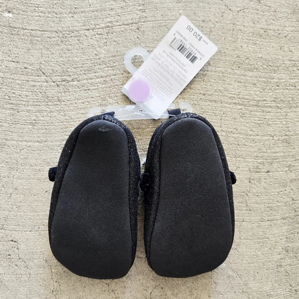 CARTER'S Infant Glittery Black Buckled Mary Janes with Bow 6-9 Months NWT